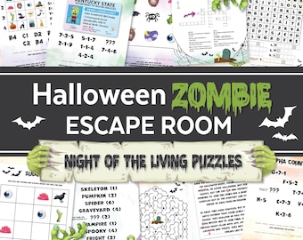 May include: A Halloween zombie escape room printable game kit featuring various activity sheets like crosswords, word searches, and logic puzzles. The central banner displays the text Halloween Zombie Escape Room Night of the Living Puzzles.