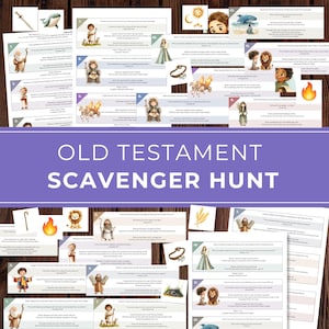 Può includere: Un set di attività di caccia al tesoro sull'Antico Testamento composto da diverse schede stampate con illustrazioni di figure bibliche, animali e simboli, insieme a suggerimenti testuali e riferimenti alle scritture su una superficie in legno.