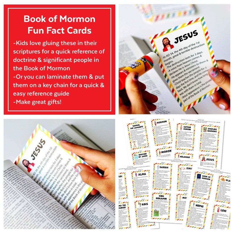 Peut inclure: Un ensemble de cartes de faits amusants sur le Livre de Mormon avec des bordures ray&eacute;es color&eacute;es et des illustrations de personnages religieux. Chaque carte contient du texte d&eacute;taillant des &eacute;v&eacute;nements historiques et des noms pour la r&eacute;f&eacute;rence.