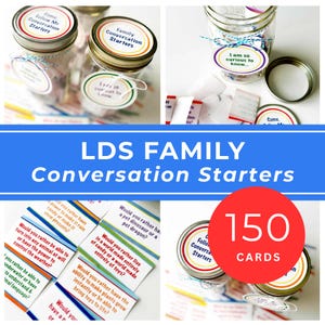 Pode incluir: Frascos de vidro com tampas de metal contendo 150 cartões de conversa. Os rótulos dizem "Family Conversation Starters" e "I am so curious to know". Os cartões apresentam perguntas com bordas coloridas em vermelho, laranja, azul e verde.