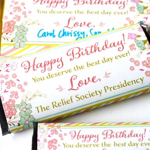 Envoltorio de barras de chocolate para cumpleaños de la Sociedad de Socorro - Regalo de cumpleaños fácil
