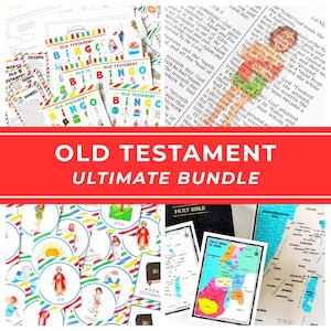 May include: An Old Testament ultimate bundle featuring colourful bingo cards with biblical illustrations, printed scripture pages, a black Holy Bible, maps of the twelve tribes of Israel, and a map of the Mediterranean Sea with various labelled regions.