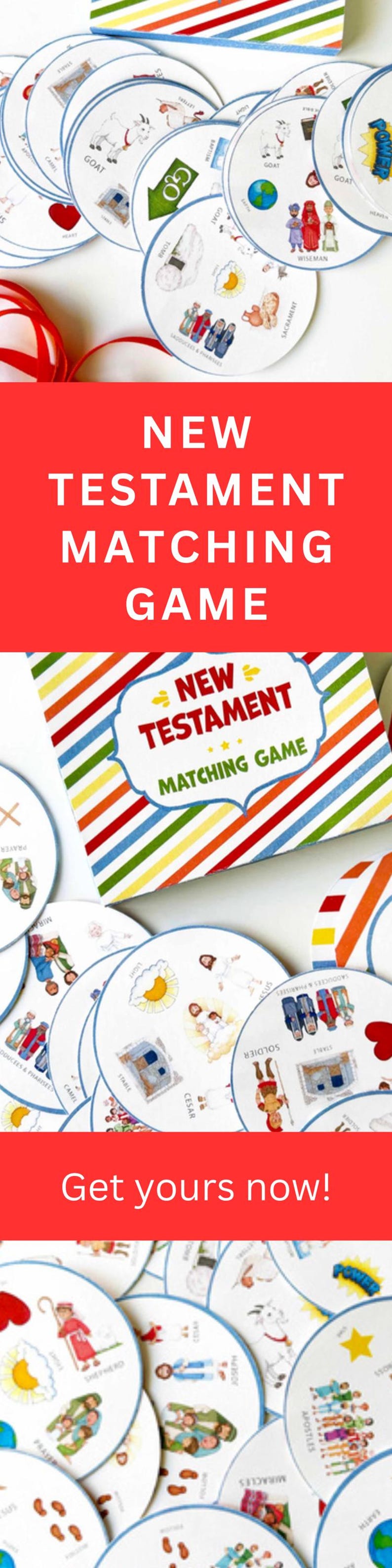 Puede incluir: Un juego de emparejamiento del Nuevo Testamento que incluye una caja rectangular con rayas diagonales coloridas y numerosas tarjetas circulares. Cada tarjeta muestra varias ilustraciones relacionadas con figuras, s&iacute;mbolos y eventos b&iacute;blicos con etiquetas de texto.