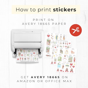 Peut inclure: Une imprimante blanche aliment&eacute;e avec une feuille de papier contenant diverses illustrations d'autocollants religieux. Deux feuilles suppl&eacute;mentaires sont pr&eacute;sent&eacute;es &agrave; droite. Texte : How to print stickers, PRINT ON AVERY 18665 PAPER, GET AVERY 18665 ON AMAZON OR OFFICE MAX.