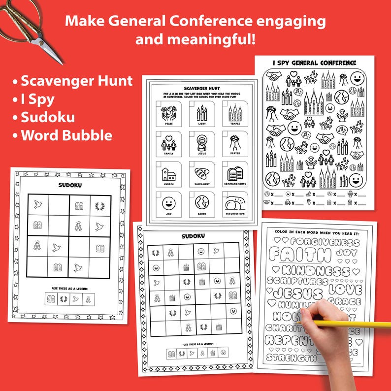 Primary Child Entertainment Resource General Conference Activity Packet Printable Bundle Scavenger Hunt Game Worksheet Coloring Page Collection LDS Family Activities Faith Based Learning Tools April 2026 Conference Engagement Sunday School