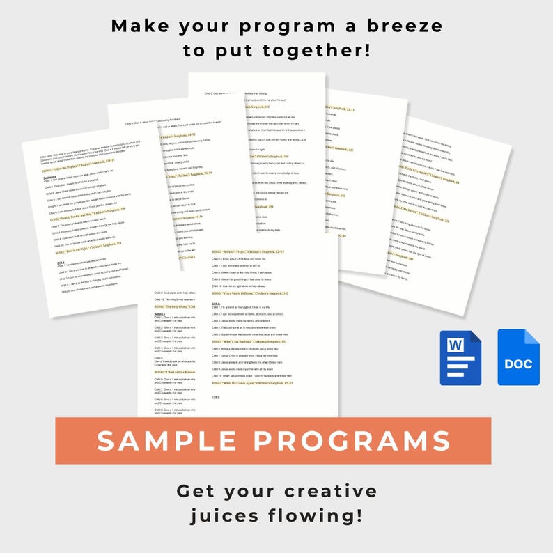 Op de afbeelding: Een verzameling witte papieren documenten met tekst, opgestapeld en uitwaaierend. De tekst luidt "Make your program a breeze to put together!" en "Sample Programs". Twee pictogrammen, &eacute;&eacute;n voor Word en &eacute;&eacute;n voor een DOC-bestand, staan rechtsonder.