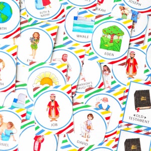 May include: A collection of square educational cards featuring colorful watercolor illustrations of biblical figures and scenes, each framed by a blue circle and diagonal rainbow stripes, with labels including Eden, Job, David, and Old Testament.