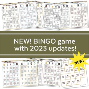 May include: Four colorful bingo cards with the title "Doctrinal Mastery Bingo" and scripture references. The cards are designed for a game with 2023 updates.