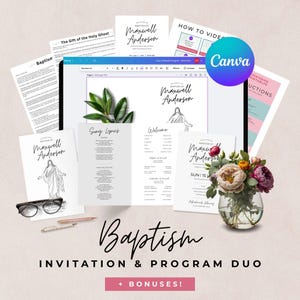 May include: A digital design featuring baptism invitations and programs. The design includes a tablet with a Canva logo, printed documents, and a bouquet of flowers. Text includes "Baptism," "Invitation & Program Duo," and "+ Bonuses!"