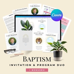 May include: A collection of baptism invitation and program templates. The designs feature photos of children, sunburst graphics, and the text "Baptism Invitation & Program Duo + Bonuses!". A digital tablet displays a design, and a potted plant is in the foreground.