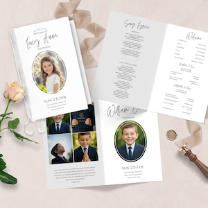 Può includere: Invito di battesimo bianco con la foto di una bambina, il testo "Benvenuti al battesimo di Lucy Anne Johnson" e la data "SUN 23 FEB". L'invito è aperto, rivelando testi di canzoni e una sezione di benvenuto.