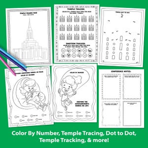 May include: A collection of activity pages for children, including a temple tracing page, a temple tracker, and a dot-to-dot activity. The pages feature line drawings of temples, smiling faces, and children. The text "Color By Number, Temple Tracing, Dot to Dot, Temple Tracking, & more!" is at the bottom.