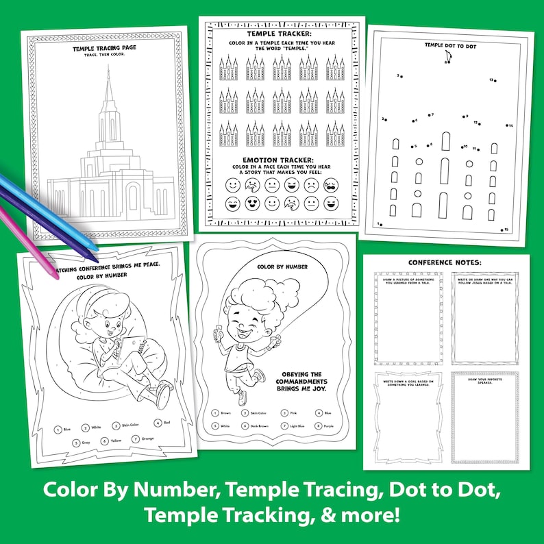 May include: A collection of activity pages for children, including a temple tracing page, a temple tracker, and a dot-to-dot activity. The pages feature line drawings of temples, smiling faces, and children. The text "Color By Number, Temple Tracing, Dot to Dot, Temple Tracking, & more!" is at the bottom.