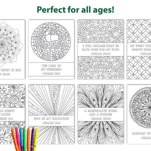 May include: A collection of eight black and white coloring pages with various designs and Bible verses. The pages feature intricate patterns, geometric shapes, and inspirational quotes. The phrase "Perfect for all ages!" is at the top.