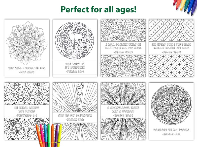 May include: A collection of eight black and white coloring pages with various designs and Bible verses. The pages feature intricate patterns, geometric shapes, and inspirational quotes. The phrase "Perfect for all ages!" is at the top.