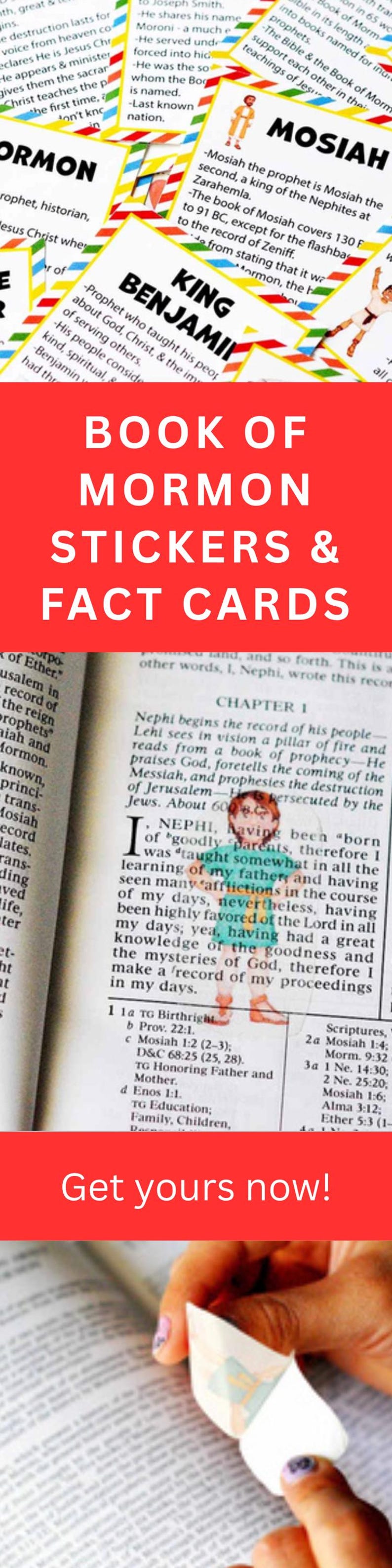 Peut inclure: Une collection de cartes informatives sur le Livre de Mormon avec des bordures color&eacute;es et des illustrations de personnages comme Mosiah et le roi Benjamin, accompagn&eacute;es d'une page du Livre de Mormon avec un petit autocollant.