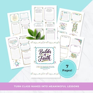 May include: A collection of seven printable pages with a teal and white theme. The pages include areas for notes, goals, and reflections, with decorative floral and star accents. The central page features the text "Builder of Faith."