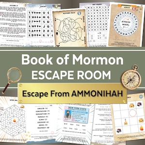 Puede incluir: Un juego de escape room imprimible verde y dorado basado en el Libro de Mormón. El juego se titula "Escape From Ammoniah" y presenta una variedad de rompecabezas y actividades, que incluyen una búsqueda de palabras, un laberinto, un cifrado y un desafío de descifrado de códigos.
