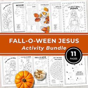 May include: A collection of 11 printable activity pages featuring black and white line art with themes of autumn, pumpkins, and religious figures. The pages include word searches, mazes, crossword puzzles, and coloring sheets with text.