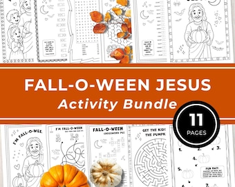May include: A collection of 11 printable activity pages featuring black and white line art with themes of autumn, pumpkins, and religious figures. The pages include word searches, mazes, crossword puzzles, and colouring sheets with text.
