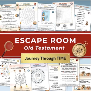 Może przedstawiać: Zbiór arkuszy zadań do druku dla gry typu escape room opartej na Starym Testamencie pod tytułem Journey Through TIME. Strony zawierają zagadki, labirynty, wykreślanki i szyfry, uzupełnione o lupę oraz kompas w stylu vintage.