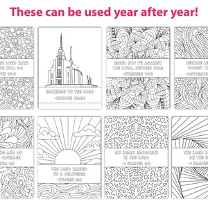 May include: A collection of eight black and white coloring pages with inspirational quotes and intricate designs. Each page features a unique pattern or illustration, including stars, flowers, and geometric shapes. The text "These can be used year after year!" is at the top.