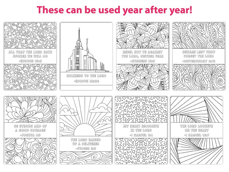 May include: A collection of eight black and white coloring pages with inspirational quotes and intricate designs. Each page features a unique pattern or illustration, including stars, flowers, and geometric shapes. The text "These can be used year after year!" is at the top.