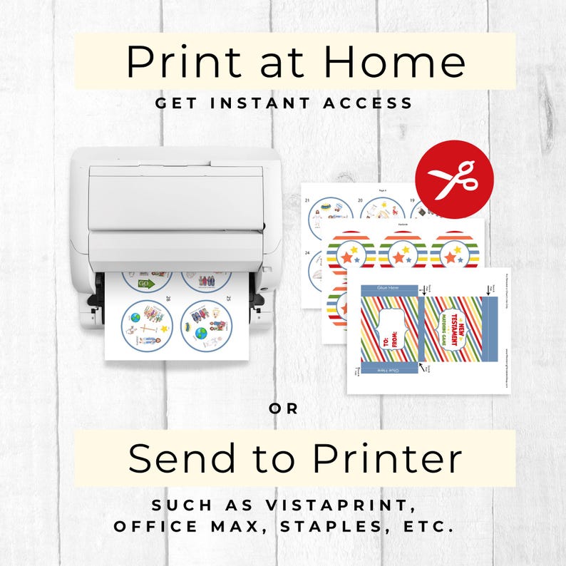 Puede incluir: Una impresora blanca que expulsa una hoja con ilustraciones circulares, junto a p&aacute;ginas impresas con patrones de rayas coloridas, dise&ntilde;os circulares y una etiqueta de juego New Testament con el texto Print at Home y Send to Printer.