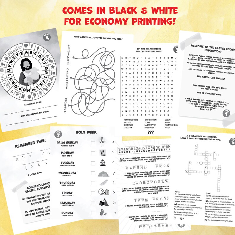 May include: A printable Easter activity booklet with a black and white design. The booklet includes a word search, a maze, a crossword puzzle, and a holy week calendar. The booklet is designed for economy printing.