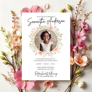 LDS Baptism Invitation for Girls: Floral Template (Canva, Instant Download)