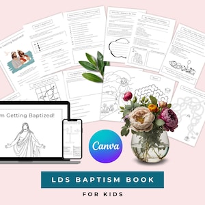 以下が含まれることがあります： 子供向けのLDS洗礼をテーマにした印刷可能なアクティビティページ集。塗り絵、迷路、穴埋め問題など。ページはラップトップとスマートフォン、花瓶と一緒に表示されます。テキストは「LDS BAPTISM BOOK FOR KIDS」と書かれています。