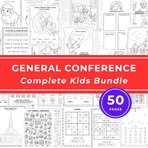 Puede incluir: Una colección de 50 páginas de actividades imprimibles en blanco y negro para niños titulada General Conference Complete Kids Bundle. Las páginas incluyen secciones para colorear, sudokus, juegos de buscar, rastreadores de emociones y dibujos de unir puntos.
