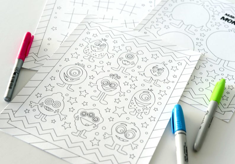 May include: A black and white coloring page featuring a variety of cute monsters with big eyes and different expressions. The monsters are surrounded by stars and a zig-zag pattern. The page is designed for children to color.