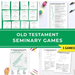 Op de afbeelding: Een verzameling educatieve werkbladen over de leerstellige beheersing van het Oude Testament, inclusief koppelingsopdrachten, kruiswoordpuzzels en antwoordsleutels op wit papier met zwarte tekst en groene inktmarkeringen voor voltooide taken.