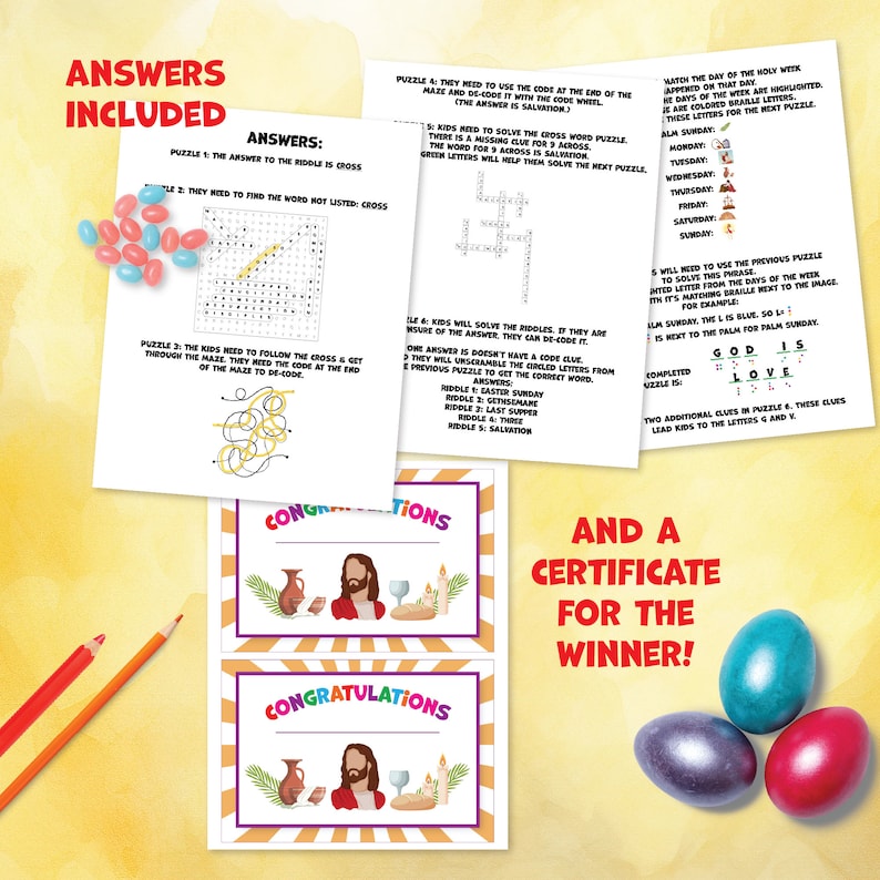 May include: A set of printable Easter activity sheets for kids. The sheets include a word search, a maze, a code wheel, and a riddle. The sheets are decorated with colorful Easter eggs and a picture of Jesus.