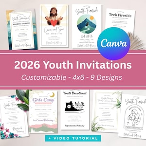 Op de afbeelding: Een verzameling aanpasbare jeugduitnodigingen van 10x15 cm met diverse ontwerpen. De uitnodigingen bevatten thema's als jeugddiensten, firesides en kampeerevenementen. De tekst bevat "2026 Youth Invitations" en "Customizable - 4x6 - 9 Designs."