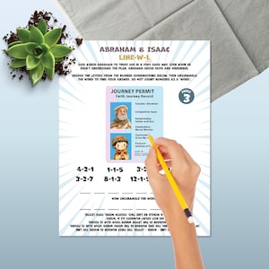 May include: An activity sheet titled "Abraham & Isaac" with a puzzle. The sheet features illustrations, text, and number combinations. A hand with a yellow pencil points to the puzzle. A succulent plant is in the upper left corner.