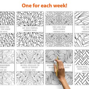 May include: Eight black and white coloring pages with intricate geometric and floral patterns. Each page has a quote from the Bible. A hand with a gold pen is partially visible, suggesting the pages are for coloring.