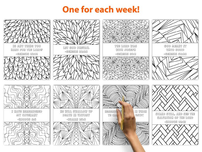 May include: Eight black and white coloring pages with intricate geometric and floral patterns. Each page has a quote from the Bible. A hand with a gold pen is partially visible, suggesting the pages are for coloring.