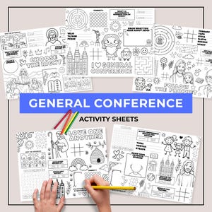 May include: A collection of black and white printable activity sheets for General Conference featuring mazes, word games, tic-tac-toe, and coloring illustrations of religious figures, temples, and nature elements, with colored pencils resting on top.