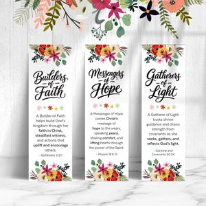 May include: Three vertical bookmarks featuring floral illustrations at the top and bottom. The first reads Builders of Faith, the second Messengers of Hope, and the third Gatherers of Light, each accompanied by religious text and scripture references.