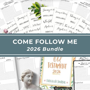 May include: A collection of printed study pages for the 2026 Come Follow Me bundle, featuring weekly scripture reading schedules, lined notes sections, and a Faith & Life Journal with Old Testament 2026 text, accented by a small white bust.