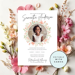 Einladungsvorlage für die Taufe eines Mädchens (Canva-Druckvorlage, florales Design, digitaler Download, bearbeitbare Datei, Einladungsprogramm)