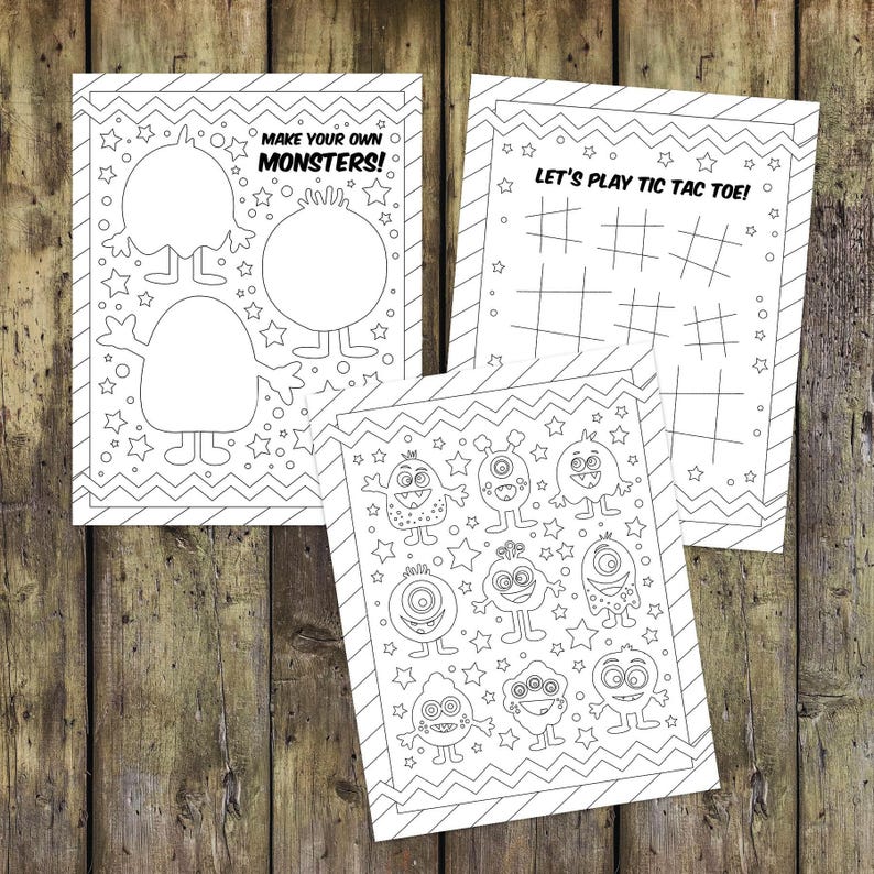 May include: Three black and white printable coloring pages featuring monsters. The first page has two blank monster outlines with the text "Make your own monsters!" The second page has eight different monster illustrations. The third page has a tic-tac-toe board with the text "Let's play tic tac toe!"