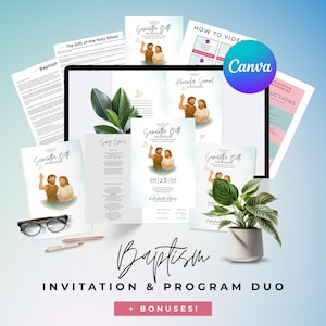 May include: A digital design set for a baptism, featuring invitation and program templates. The design includes illustrations of two figures, text, and a decorative plant. The words "Baptism" and "Invitation & Program Duo" are visible.