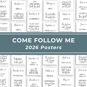May include: A collection of white rectangular posters featuring black calligraphic text with dates, scripture references, and religious phrases such as Come Follow Me 2026, I Have Loved You, Saith the Lord, and The Lord Called His People Zion.
