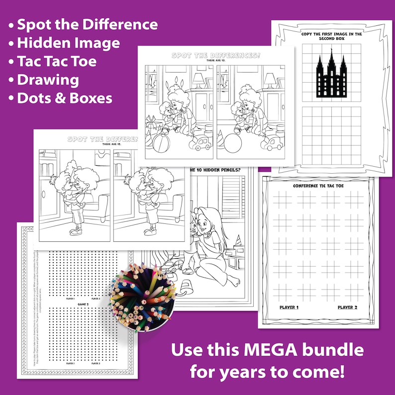May include: A collection of black and white activity pages for children, including "Spot the Difference," "Hidden Image," and "Dots & Boxes." The pages feature illustrations and games, with a bundle of colored pencils in the center. Text reads "Use this MEGA bundle for years to come!"