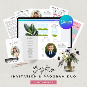 Op de afbeelding: Een digitaal ontwerp voor een doopuitnodiging en programmaduo. Het ontwerp bevat een Canva-logo, foto's en tekst. De woorden "Doop", "Uitnodiging & Programma Duo" en "+ BONUSSEN!" zijn zichtbaar.