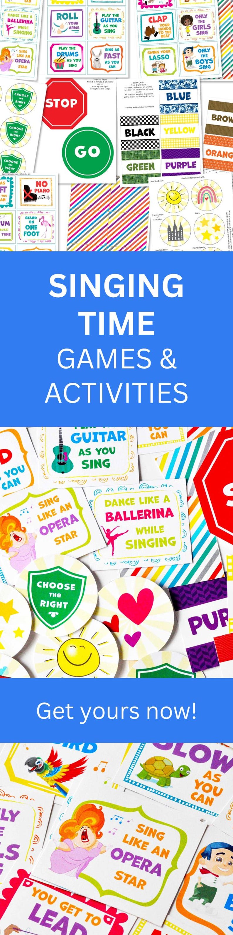 May include: A collection of printable activity cards featuring colorful illustrations and text instructions for singing games, including prompts like Sing Like An Opera Star, Dance Like A Ballerina, Play The Guitar, and Stop and Go signs.