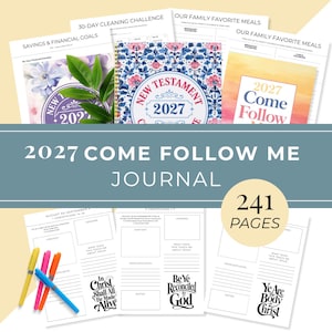 May include: A 2027 Come Follow Me journal with 241 pages, featuring various printed planner sheets including Savings & Financial Goals, 30-Day Cleaning Challenge, and meal planners. Includes a spiral-bound cover with floral patterns and four colorful pens.